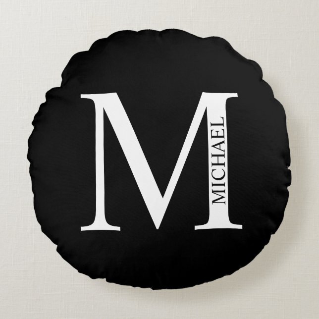 Personlig Monogram och Namn Round Pillow Rund Kudde (Framsidan)