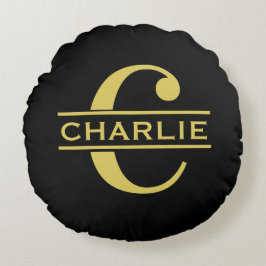 Personlig monogram och namn svart och guld rund kudde