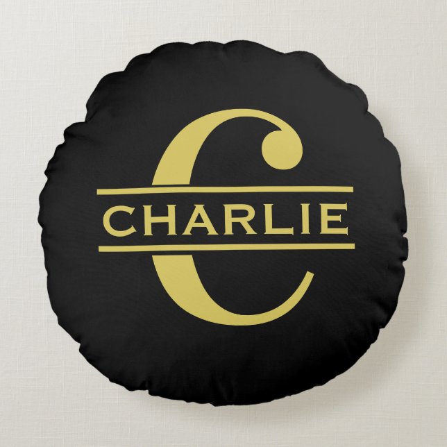 Personlig monogram och namn svart och guld rund kudde (Framsidan)