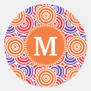 Personlig Monogram Orange Lila Circle Mönster Runt Klistermärke