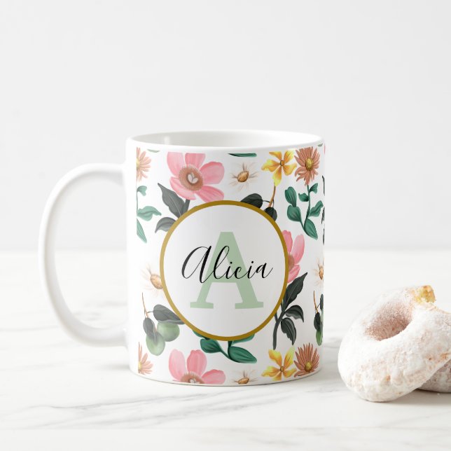 Personlig Monogram Pastel Vår Blommönster Kaffemugg (Med munk)