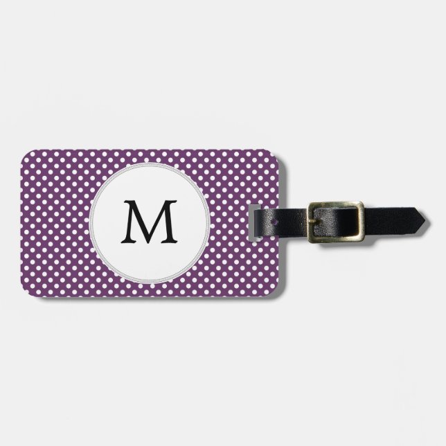 Personlig Monogram Polka dots lila och vit  Bagagebricka (Horisontell Framsida)