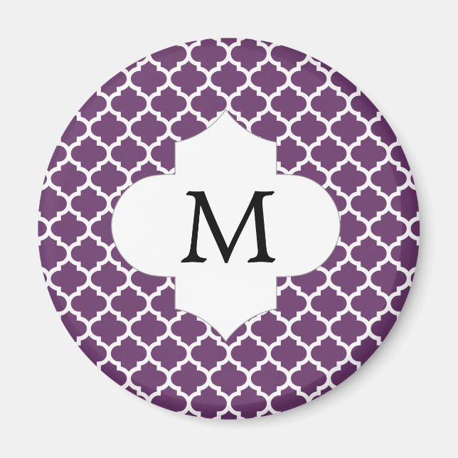 Personlig Monogram Quatrefoil Lila och vit Magnet (Framsidan)