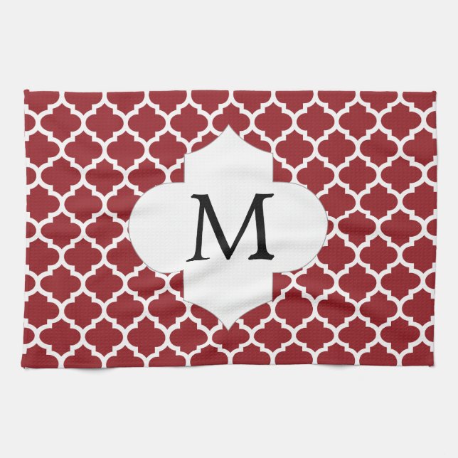Personlig Monogram Quatrefoil Red and White Kökshandduk (Horisontell)