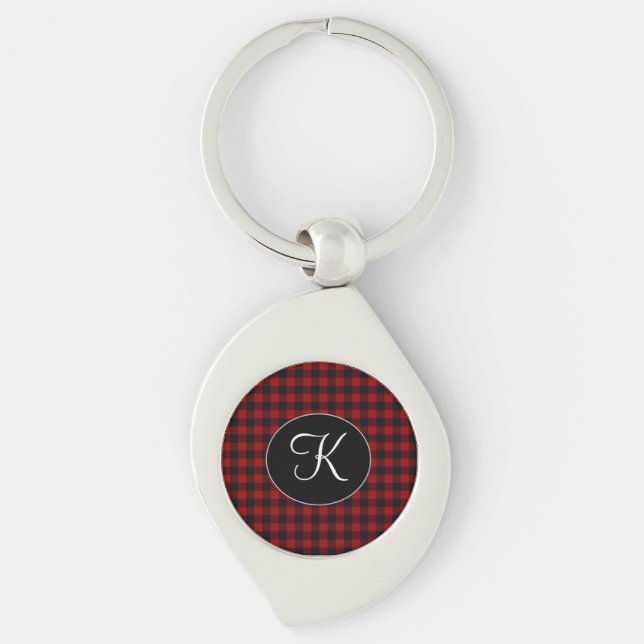 Personlig Monogram Red and Black Buffalo Play Swirl Silverfärgad Nyckelring (Framsidan)