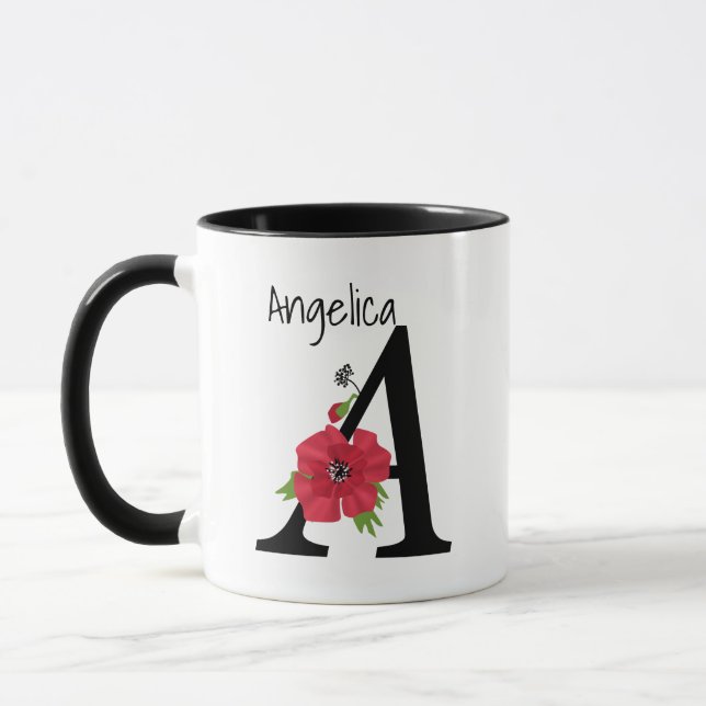 Personlig monogram redigerbar A text röd blomma f Mugg (Vänster)