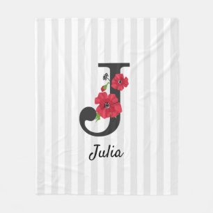 Personlig monogram, redigerbar J-text röd blomma f Fleecefilt