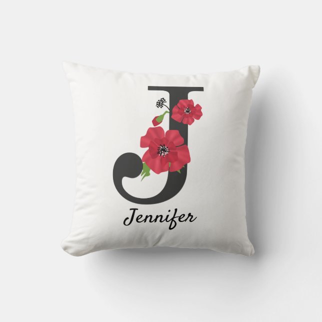 Personlig monogram, redigerbar J-text röd blomma f Kudde (Framsida)