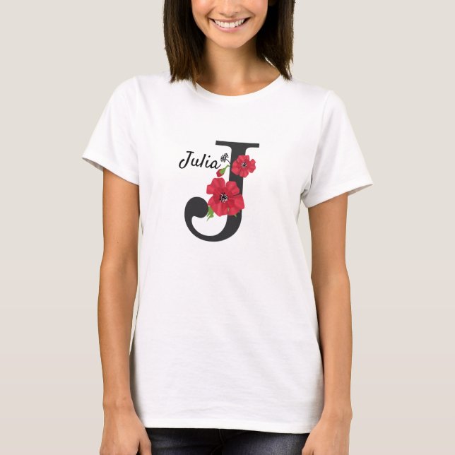 Personlig monogram, redigerbar J-text röd blomma f T Shirt (Framsida)