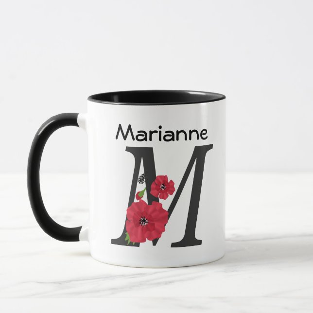 Personlig monogram redigerbar M text röd blomma f Mugg (Vänster)