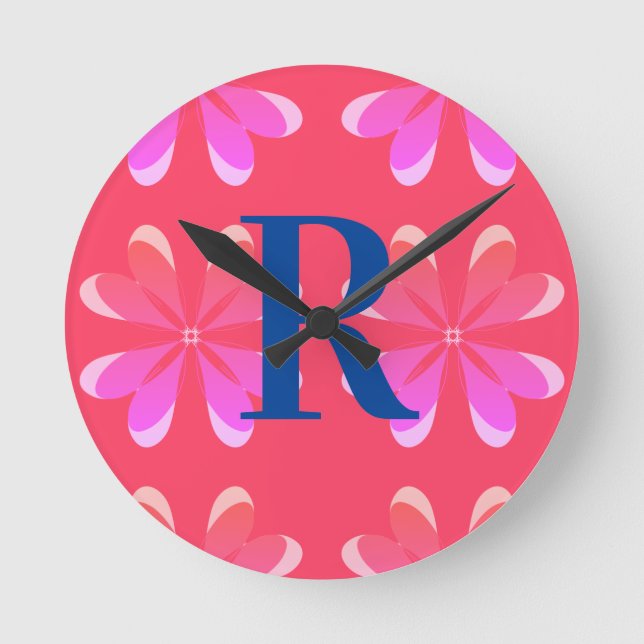Personlig Monogram Retro Orange Rosa Rund Klocka (Framsida)