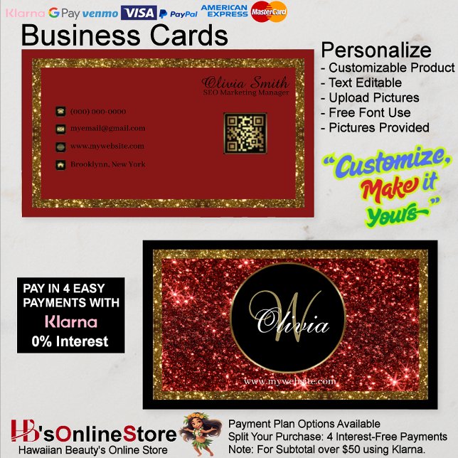 Personlig monogram röd guld glitter QR-kod 21 Visitkort (Personalized Monogram Red Gold Glitter QR Code Business Card 21.)