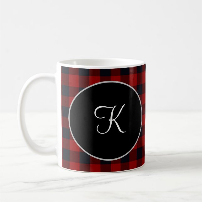 Personlig monogram röd och svart buffelplaid kaffemugg (Vänster)