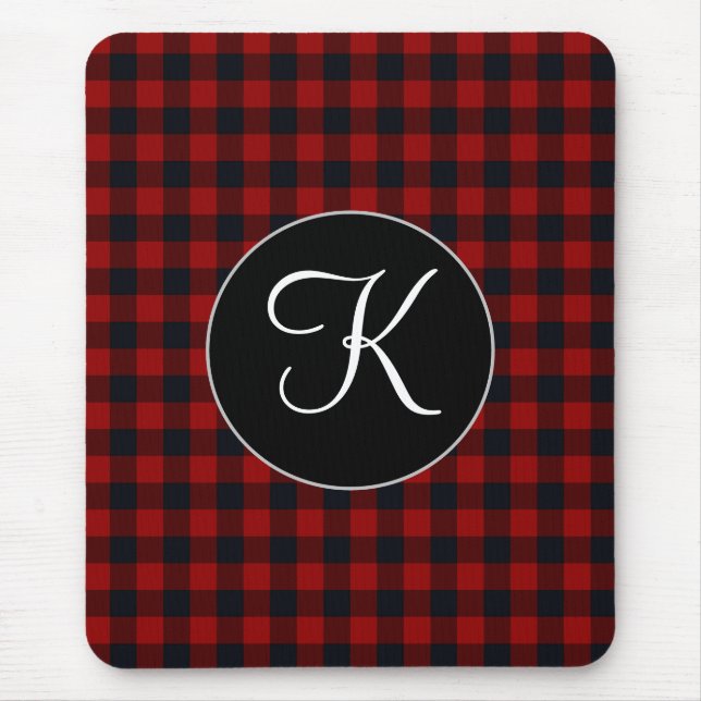 Personlig monogram röd och svart buffelplaid musmatta (Framsidan)