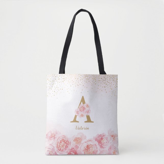 Personlig monogram rosa blommigt bridesmaid toto  tygkasse (Framsida)