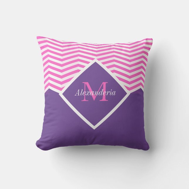Personlig Monogram Rosa Lila Vit Chevron  Kudde (Framsida)