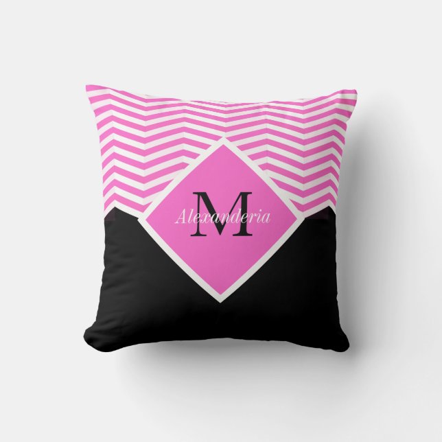 Personlig Monogram Rosa Vit chevron Kastkudde Kudde (Framsida)