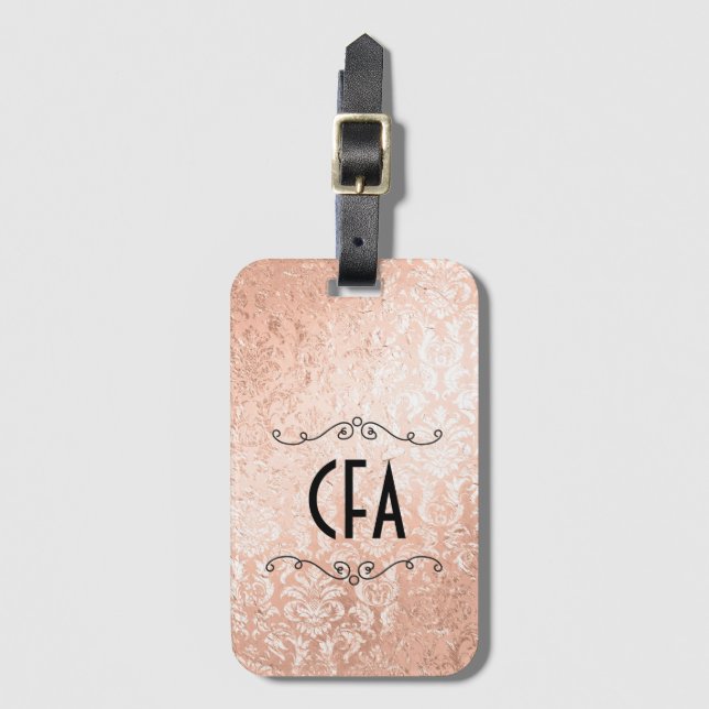 Personlig monogram roséguld damast bagagebricka (Framsida vertikal)