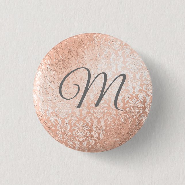 Personlig monogram roséguld damast knapp (Framsida)