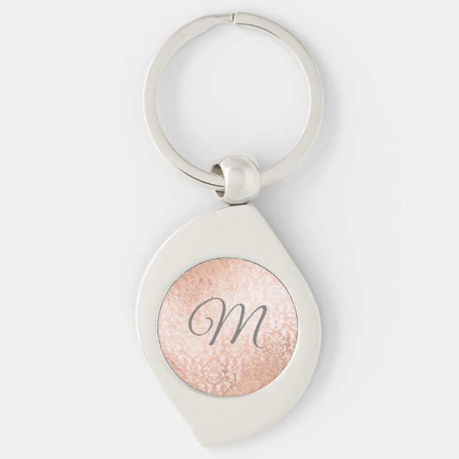 Personlig monogram roséguld damast swirl silverfärgad nyckelring (Framsidan)