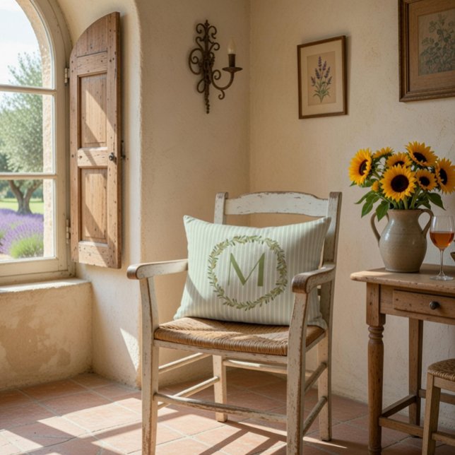 Personlig Monogram Sage Grönt Rand & oliver Prydnadskudde (Skapare uppladdad)