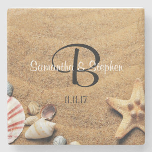 Personlig Monogram Sea Beach Wedding Gift-förmån Stenunderlägg