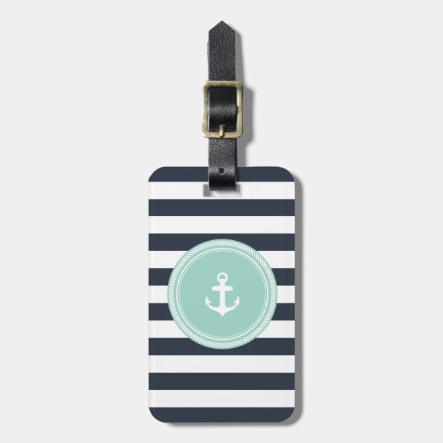 Personlig Monogram Seafoam och Navy Nautical Bagagebricka (Vertikal Framsida)