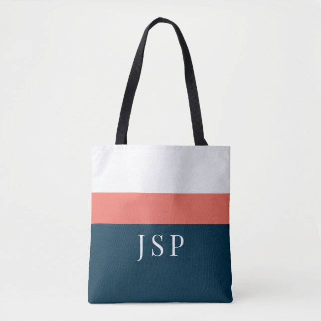 Personlig Monogram Shoppingbag – Navy Coral Chic Tygkasse (Framsida)