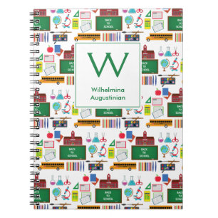 Personlig monogram SKOLÄMNEN Vit Grön Anteckningsbok