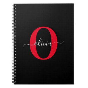 Personlig Monogram skript Namn Black White Red Anteckningsbok