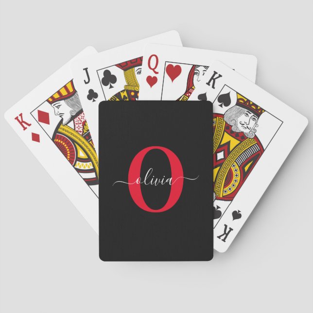 Personlig Monogram skript Namn Black White Red Casinokort (Baksidan)