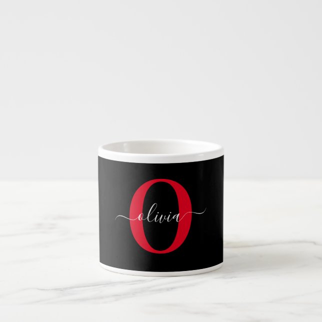 Personlig Monogram skript Namn Black White Red Espressomugg (Framsidan)