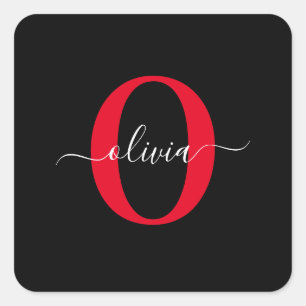 Personlig Monogram skript Namn Black White Red Fyrkantigt Klistermärke