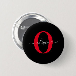 Personlig Monogram skript Namn Black White Red Knapp