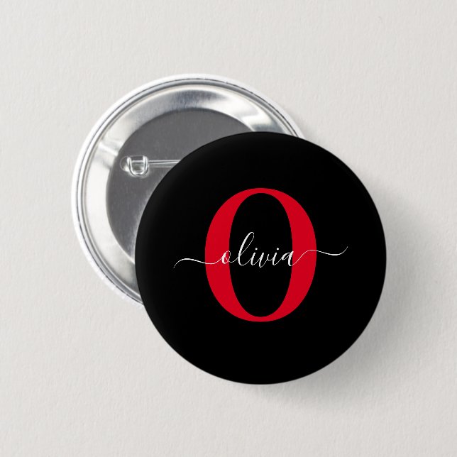 Personlig Monogram skript Namn Black White Red Knapp (Framsida & baksida)