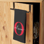 Personlig Monogram skript Namn Black White Red Kökshandduk<br><div class="desc">Den här elegantens monogram- och snyggt-skriptutformningen namn kan ges som en gåva till en födelsedag,  Mors dag eller tillfälle. Det kan vara personlig med människans initialtid och namn. Du kan ändra teckensnitt,  teckensnitt färg,  storlekt teckensnitt och bakgrund färg med Verktyg i Design. Ha roligt när du anpassar designen.</div>