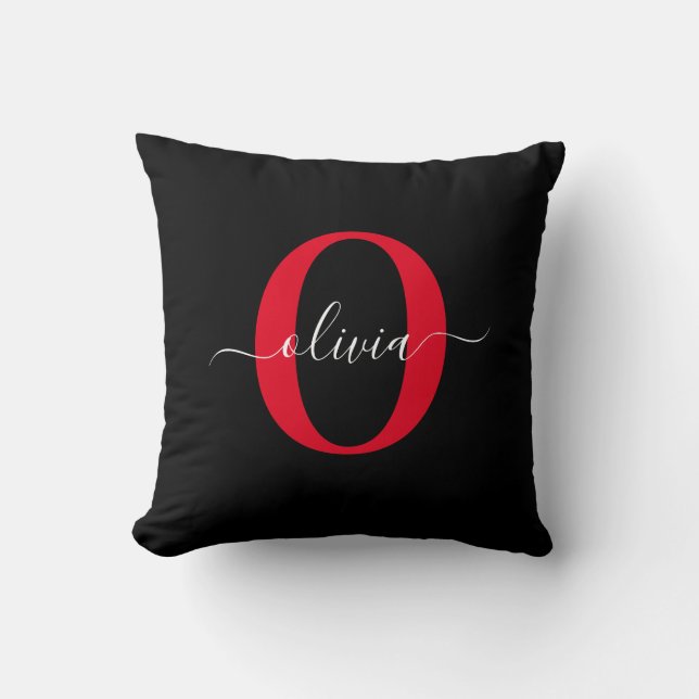 Personlig Monogram skript Namn Black White Red Kudde (Framsida)