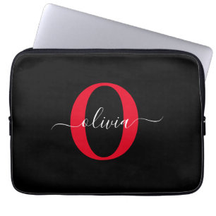 Personlig Monogram skript Namn Black White Red Laptop Fodral