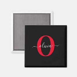 Personlig Monogram skript Namn Black White Red Magnet