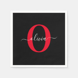 Personlig Monogram skript Namn Black White Red Pappersservett