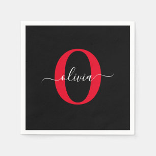 Personlig Monogram skript Namn Black White Red Pappersservett