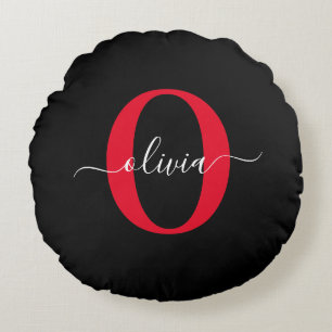 Personlig Monogram skript Namn Black White Red Rund Kudde