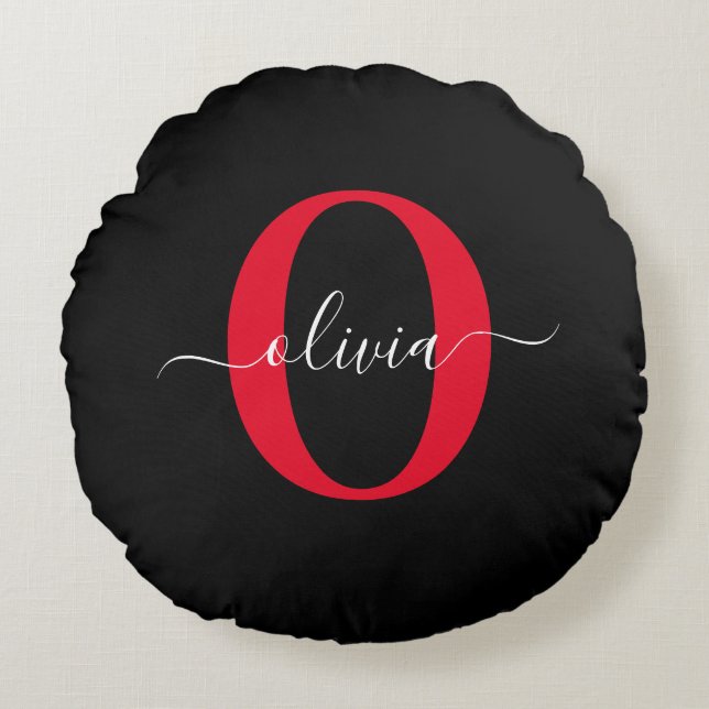 Personlig Monogram skript Namn Black White Red Rund Kudde (Framsidan)