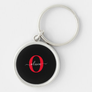 Personlig Monogram skript Namn Black White Red Rund Silverfärgad Nyckelring