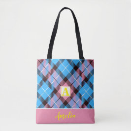 Personlig Monogram skript Namn blue Tartan Cute Tygkasse