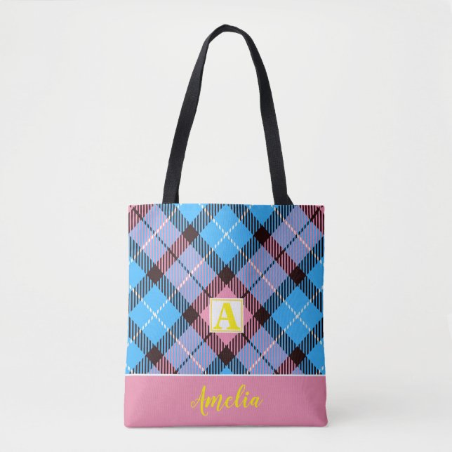 Personlig Monogram skript Namn blue Tartan Cute Tygkasse (Framsida)