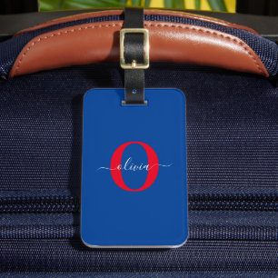 Personlig Monogram skript Namn Blue White Red Bagagebricka