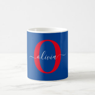 Personlig Monogram skript Namn Blue White Red Kaffemugg