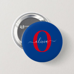 Personlig Monogram skript Namn Blue White Red Knapp
