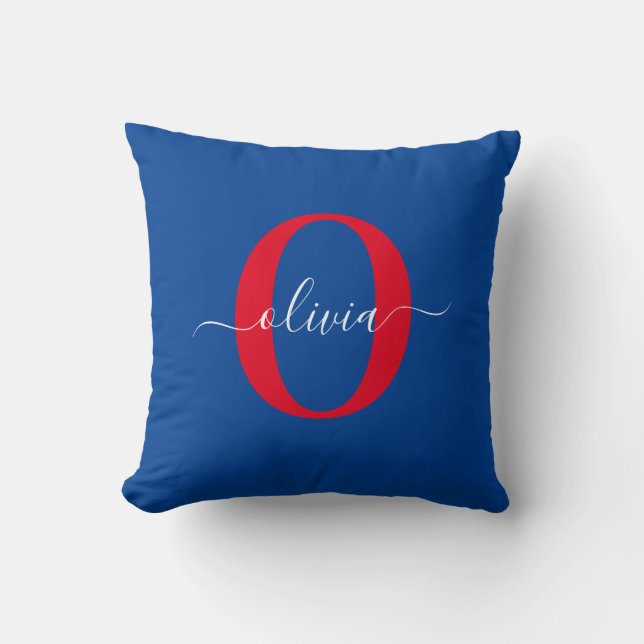 Personlig Monogram skript Namn Blue White Red Kudde (Framsida)